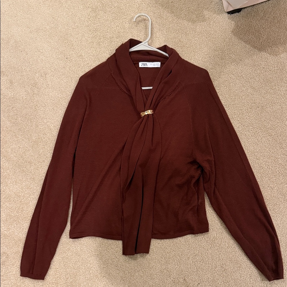 Zara Burgundy Long Sleeve Top with Scarf Detail